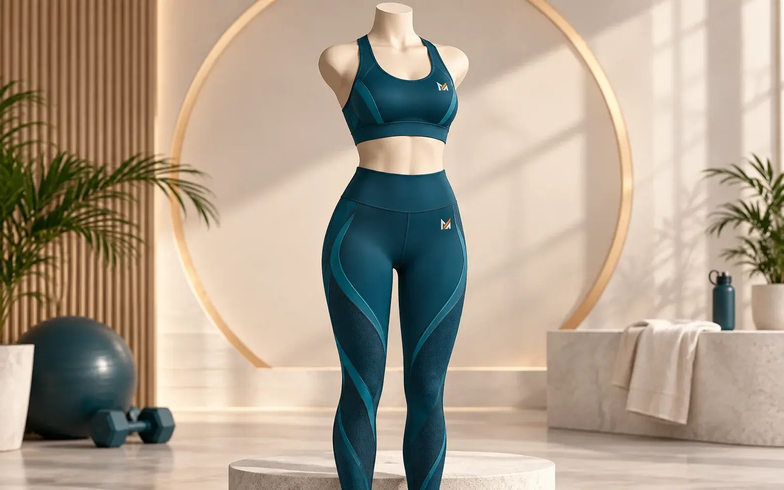 Teal matching sports bra and high-waisted leggings set with performance panel detailing and Mega Apparel branding, displayed on a mannequin in a modern fitness studio.